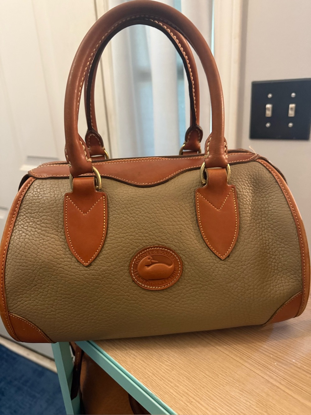 Dooney & Bourke Taupe Pebble Leather Satchel with Chestnut Trim